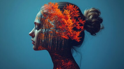 Wall Mural - A double exposure of a woman's profile combined with vibrant autumn trees.