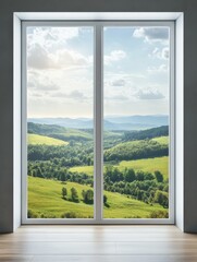 Aufkleber - The reflection in the window reveals lush greenery and rolling hills, capturing the beauty of a sunny day in the countryside. Generative AI