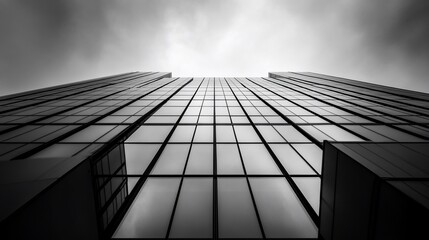 Wall Mural - a low angle view of a modern office building with glass windows and a cloudy sky.