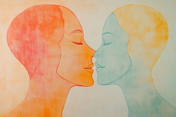 Fototapete - Two abstract silhouettes face each other in soft pastel colors, highlighting themes of empathy and connection through visual expression. Generative AI
