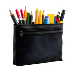 Pencil case bag with school study accessories and isolated pen supplies equipment for education on white background