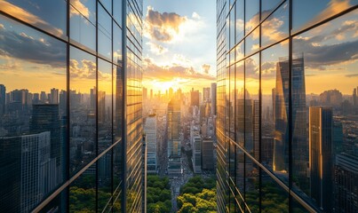 Wall Mural - a stunning sunset view of a city skyline reflected in the glass facade of a modern skyscraper.