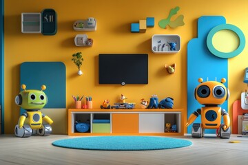 Poster - This vibrant room is filled with friendly robot assistants, colorful decor, and engaging activities designed for children's enjoyment. Generative AI