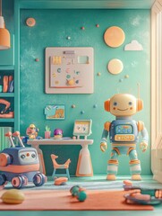 Poster - The vibrant room is filled with cheerful robot assistants helping children explore toys and educational tools in a playful atmosphere. Generative AI