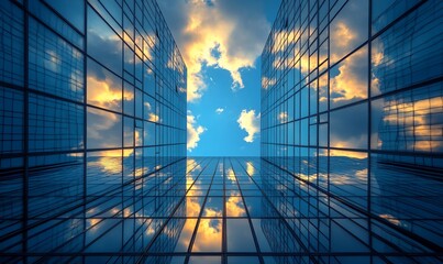 Wall Mural - looking up at a bright blue sky through the glass facade of a modern skyscraper.