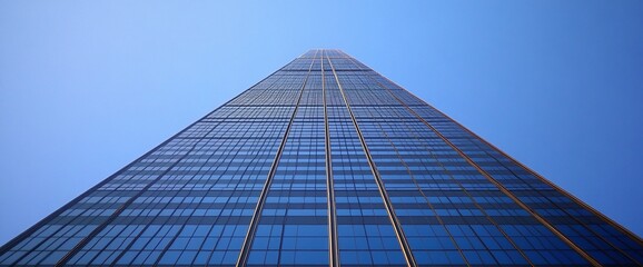 Wall Mural - low angle view of a tall skyscraper with blue glass windows against a blue sky.