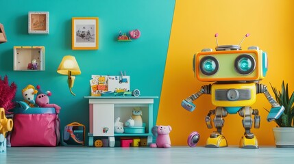 Poster - A lively children's room showcases friendly robot helpers amidst cheerful decorations and an array of colorful toys for engaging playtime. Generative AI