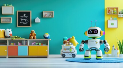 Poster - Brightly colored children's room filled with cheerful robot assistants, toys, and playful decorations creating a fun atmosphere. Generative AI