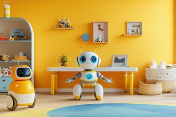 Poster - In a bright, cheerful children's room, joyful robots engage with children while surrounded by colorful toys and cheerful decor. Generative AI