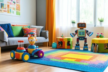 Poster - Bright and cheerful children's room featuring friendly robot helpers and colorful toys, perfect for imaginative play on a sunny day. Generative AI