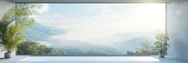 Poster - The landscape through the expansive window reveals mist-covered mountains and vibrant greenery in a peaceful setting. Generative AI