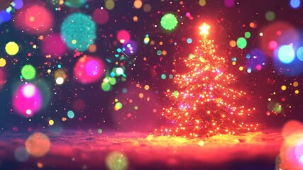 Wall Mural - Christmas tree with garland and glowing lights. Copy space. Happy New Year.