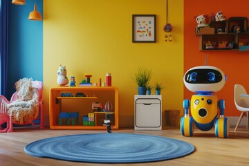 Poster - The room showcases friendly robot helpers, bright walls, and vibrant furniture, creating a joyful space for children's playtime and learning. Generative AI