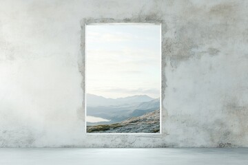 Poster - A tranquil space features a window showcasing stunning hills and valleys, creating a beautiful contrast with the empty surroundings. Generative AI