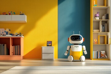 Poster - Bright and inviting children's room where friendly robot helpers interact playfully with toys and books under vibrant colors. Generative AI