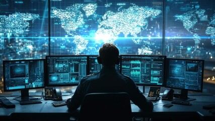 The agents coordinate surveillance activities and maintain security protocols in a modern operations center. The army base staff interpret real time data to ensure national security. Video