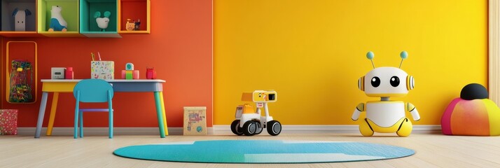Poster - This cheerful children's room is filled with friendly robot assistants, colorful decor, and a fun play area for imaginative activities. Generative AI