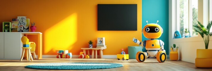 Poster - Children play happily in a colorful room, assisted by friendly robots that encourage creativity and exploration. Generative AI