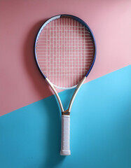 tennis racket, isolated on a soft blue and Pink Pastel