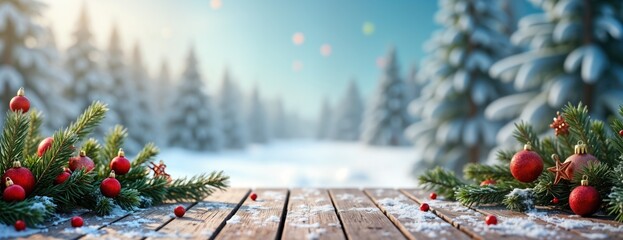 Wall Mural - Winter forest scene with snow covered trees. Wooden table in foreground with fir branches decorated with red ornaments, snow. Christmas background for greeting cards, winter holidays decoration, new