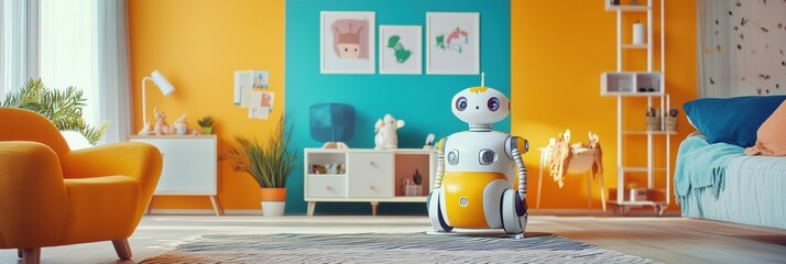 Poster - This lively children's room showcases cheerful robot assistants interacting with playful decor, encouraging imagination and creativity. Generative AI