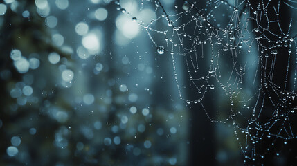 Spider web with morning dew, misty forest background, bokeh effect, nature macro photography, ethereal blue tones, peaceful atmosphere, close-up of delicate threads