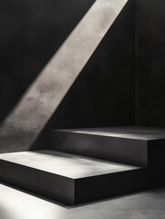 Fototapete - Soft light breaks through darkness, highlighting a simple staircase and creating an intriguing contrast of shadow and illumination. Generative AI