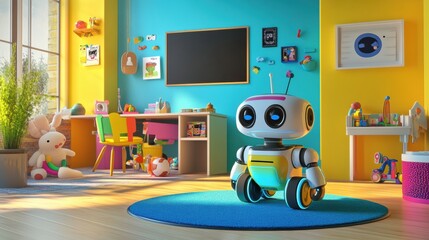 Poster - Brightly colored children's room filled with friendly robot assistants, toys, and diverse furniture, creating a playful atmosphere for kids. Generative AI
