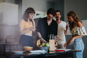 Wall Mural - A cheerful group of friends cooking and having fun in a stylish kitchen. They share laughter and teamwork while preparing a meal together.