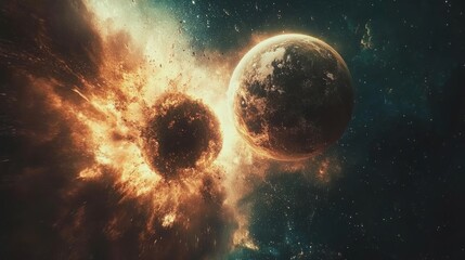 Wall Mural - two planets collide and explode in the deep space