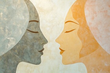 Fototapete - Silhouettes of two faces in soft pastel tones evoke a sense of empathy and open dialogue, illustrating connection and understanding. Generative AI