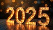 © Vadym - Golden 2025 New Year sign with lights. Numbers on wooden surface, bokeh background. Ideal for festive celebrations, card design, party invitation, event banner. Luxury, trendy, elegant, shiny, gold,