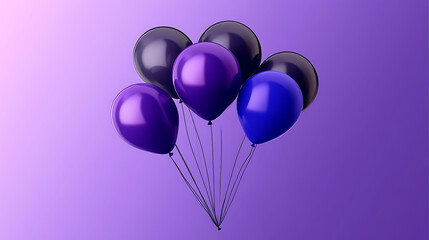 Fototapete - A bunch of balloons in different shades of purple, blue and black floating in the air The background is a gradient from light to dark purple