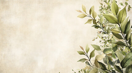 Poster - A soft, watercolor-style illustration of green leaves and flowers on the right side bordering an empty beige linen background with subtle texture details