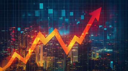 Poster - An upward arrow and stock market graph with a city background, symbolizing business growth or financial success
