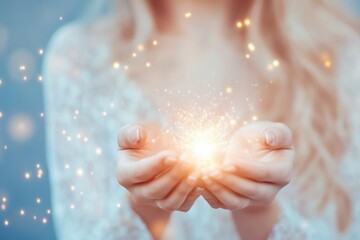 Wall Mural - A Woman Channels Mystical Energy With Glowing Light in Her Hands Amidst a Magical Atmosphere