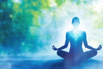 Wall Mural - A Woman Meditating With Illuminated Chakras, Embodying Cosmic Energy Against an Abstract Background