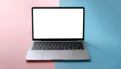 Laptop with white screen display mock-up, isolated on a soft blue and Pink Pastel