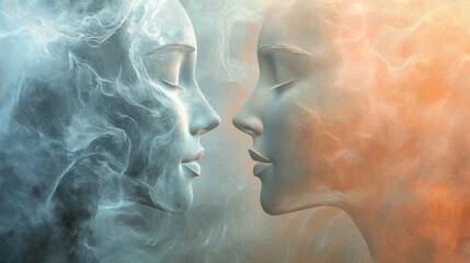 Fototapete - Two abstract silhouettes in pastel shades face each other, representing the essence of empathy and understanding between individuals. Generative AI