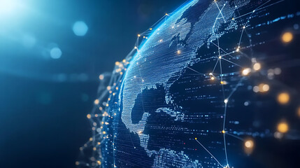 Poster - A blue background with a digital globe and global network connections on the right side, representing an international technology business