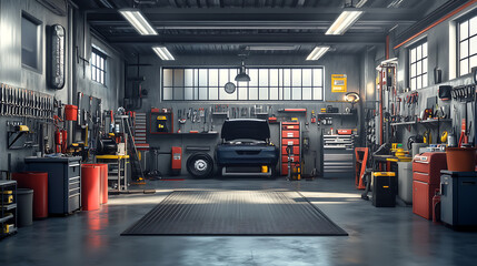Leinwandbilder - 3d rendering of workshop garage with tools and equipment for auto repair digital illustration