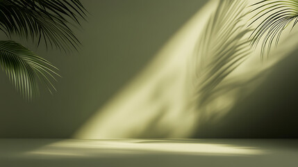 Poster - A minimalist background with an olive green gradient, featuring subtle palm leaf shadows on the wall for product display presentation mockups