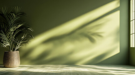 Aufkleber - A minimalist background with an olive green gradient, featuring subtle palm leaf shadows on the wall for product display presentation mockups