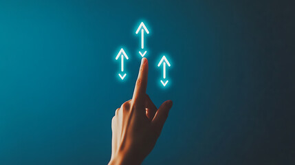 Aufkleber - A hand touching an arrow up icon on a blue background, representing the concept of business growth or financial success with a hand pointing at upward arrows on a virtual screen