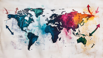 Aufkleber - A handdrawn map of the world with arrows indicating global trade, showing multiple colors on white background
