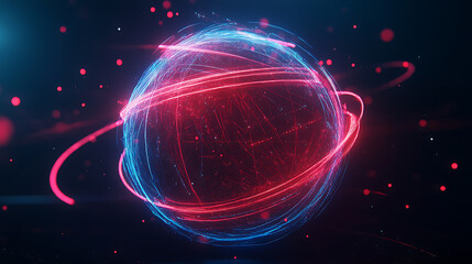 Poster - A sphere made of neon red and blue lines, glowing particles on black background, circular swirls