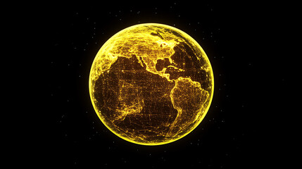 Poster - A yellow planet Earth made of lines and dots on a black background, data visualization glowing light effects