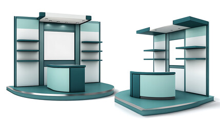 Fototapete - A set of blank exhibition trade show booths with demonstration tables, illustrated in both front and side views