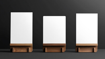 Poster - A vector set of realistic 3D blank A4 vertical paper sheets and cards on wooden holders, including stand icons, designed as templates for mockups, menus, and booklets