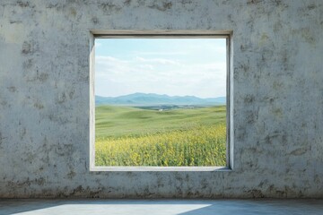 Poster - A window reveals a picturesque view of verdant hills and blooming fields, inviting tranquility and natural beauty into the space. Generative AI